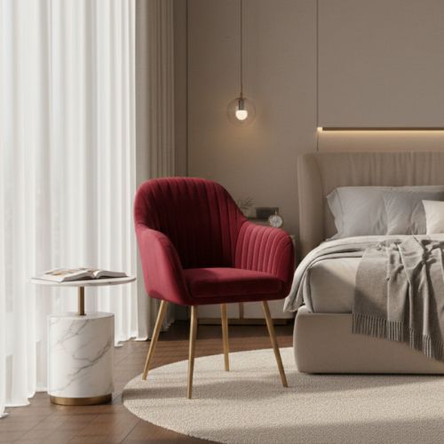 Poltrona imbottita in velluto bordeaux con gambe in ferro oro