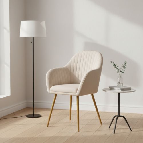 Poltrona imbottita in velluto crema con gambe in ferro oro