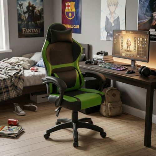 Sedia da gaming verde e nera reclinabile ed ergonomica