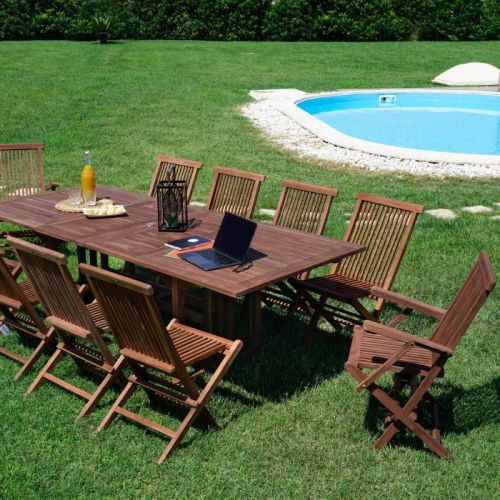 Set da giardino in teak con tavolo allungabile e 10 sedie