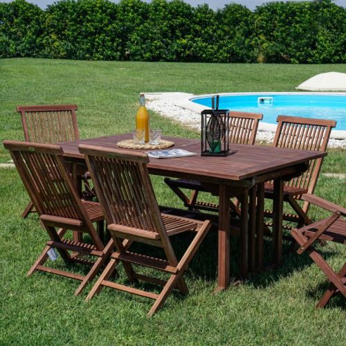 Set da giardino in teak con tavolo allungabile e 6 sedie