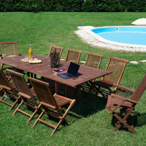 Set da giardino in teak con tavolo allungabile e 8 sedie