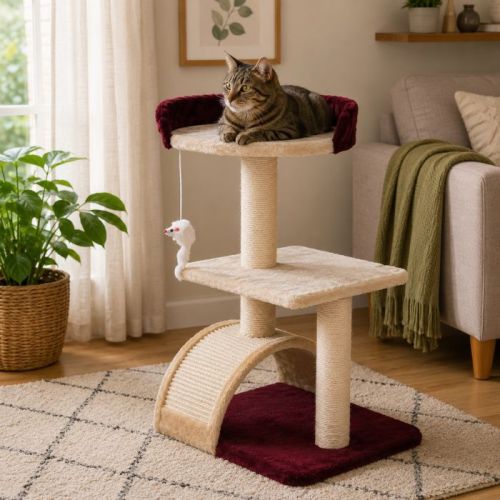 Tiragraffi con graffiatoio e cuccia bordeaux-beige